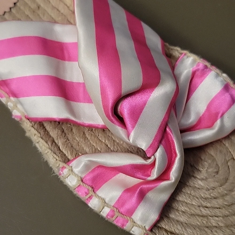 J. Crew Twisted Knot Espadrille Sandals Pink White Cabana Stripe Slides Flats 9